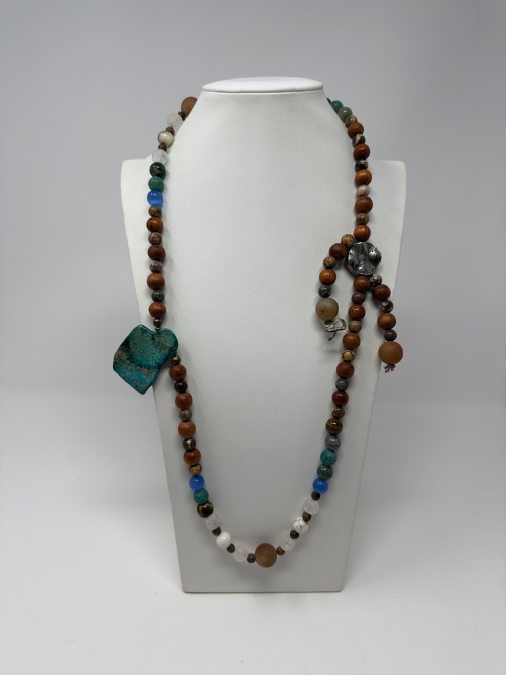Turquoise Heart & Wooden Bead Necklace — Brown and Teal